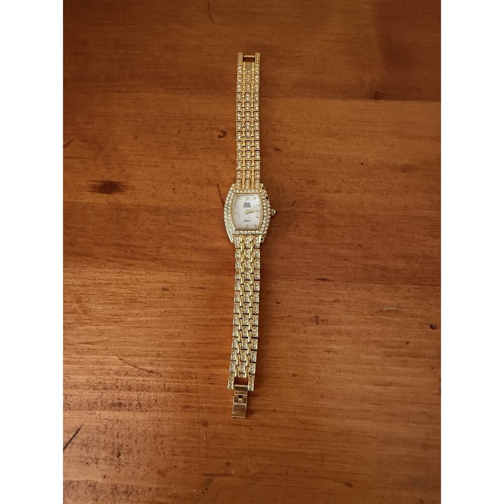 Nolan Miller Glamour Collection Crystal Gold Tone Bracelet Watch Mother Of Pearl